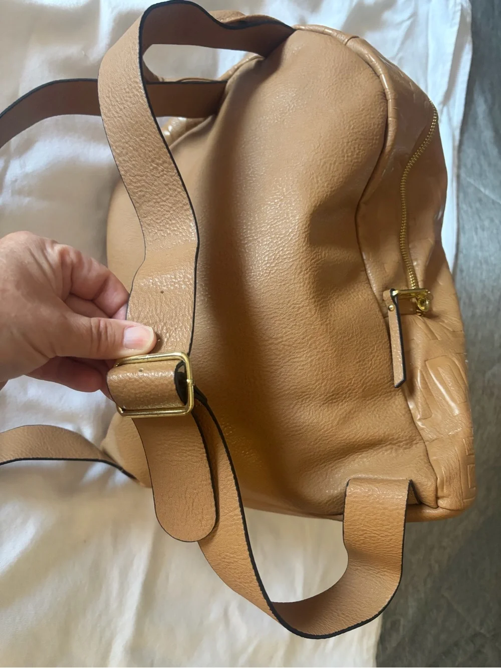 Steve Madden Cognac Embossed Logo Backpack with Gold Hardware Vegan Leather